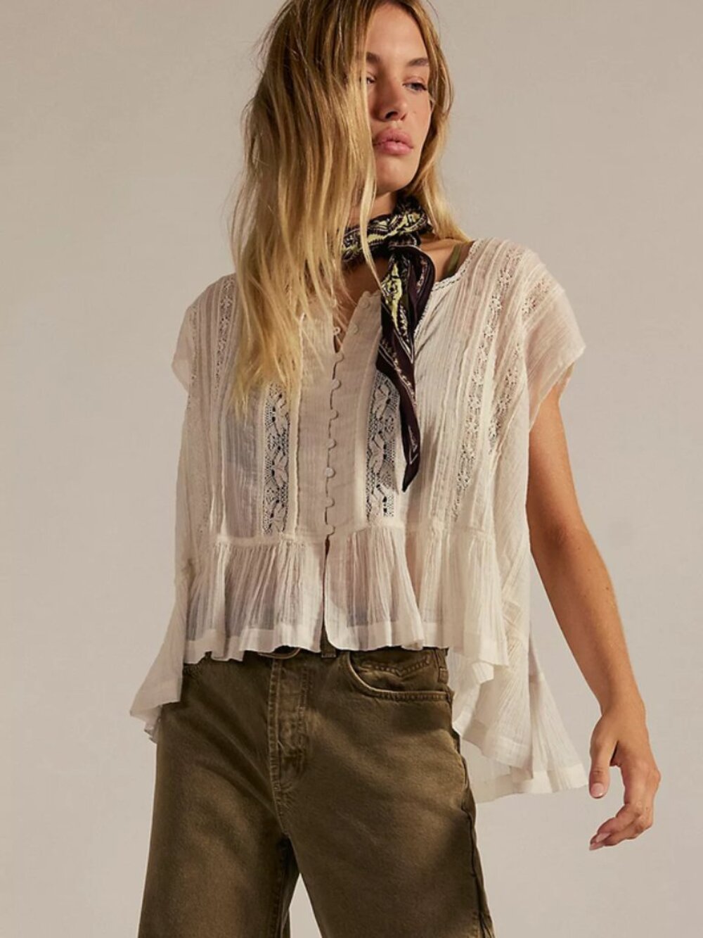 Free People FP One Georgia Blouse Top Lace Trim Capped Sleeve M